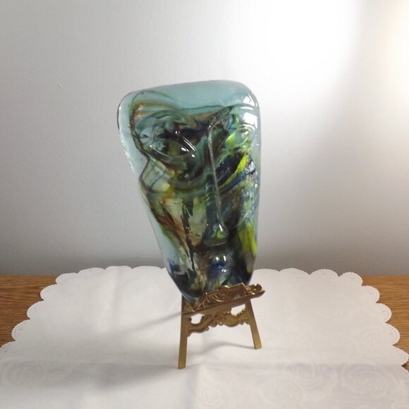 Vintage Art Glass Face Jaramillo Brothers Skydreamer Style Art with Brass Stand - Picture 3 of 10